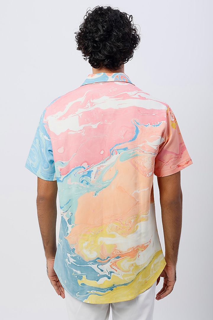 Sky Blue & Red Crepe Hand Marbled Summer Shirt by Erised Pret at Pernia's Pop Up Shop