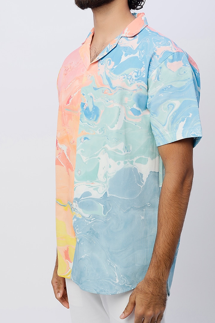 Sky Blue & Red Crepe Hand Marbled Summer Shirt by Erised Pret at Pernia's Pop Up Shop