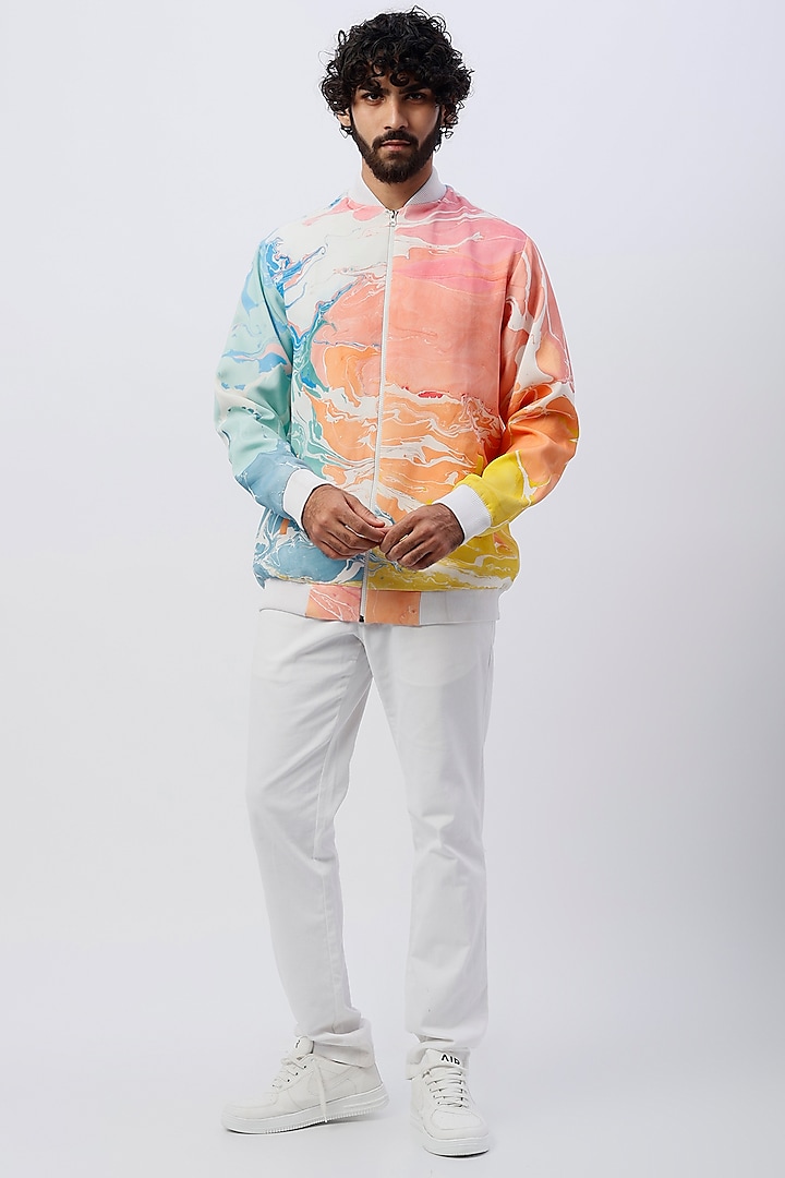 Sky Blue & Red Hand Marbled Bomber Jacket  by Erised Pret