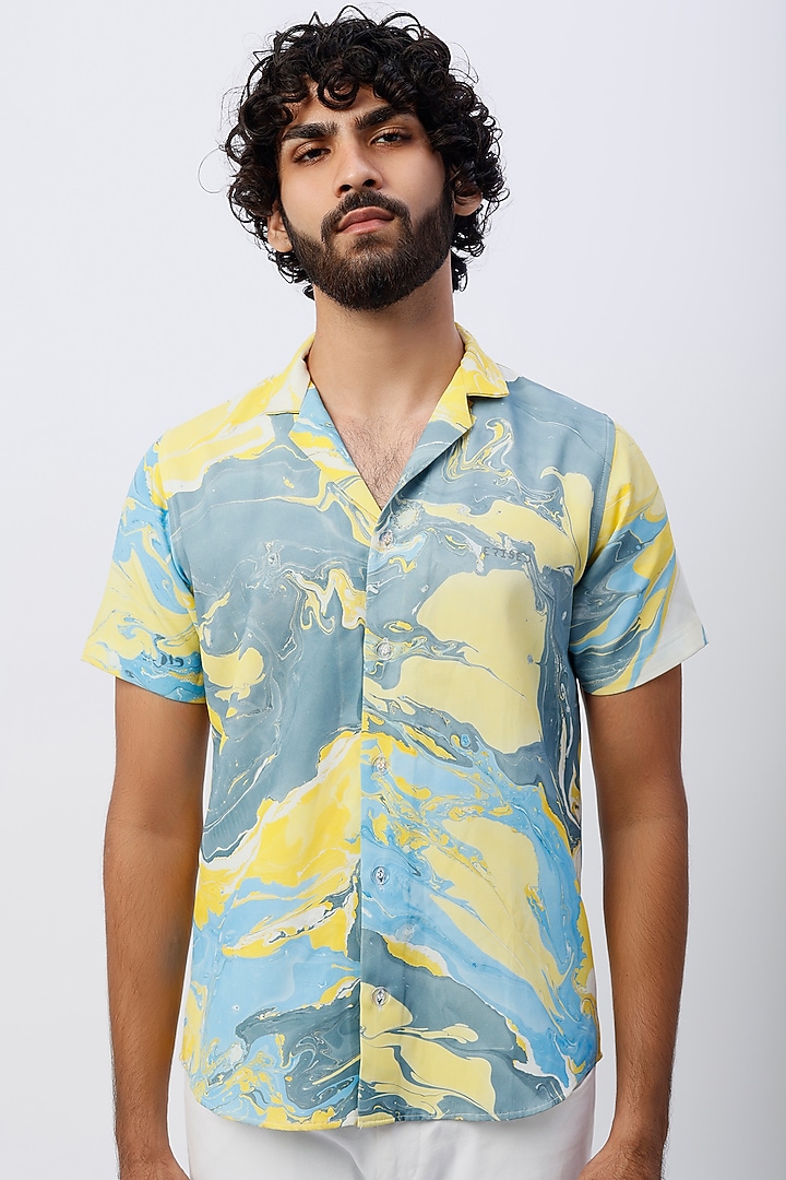 Multi-Colored Crepe Hand Marbled Summer Shirt by Erised Pret at Pernia's Pop Up Shop