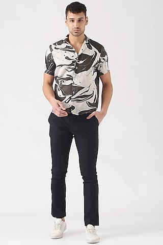 White & Black Polyester Silk Blend Shirt by Erised Pret