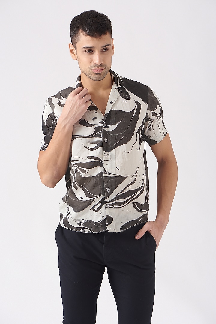 White & Black Polyester Silk Blend Party Wear Shirt by Erised Pret at Pernia's Pop Up Shop