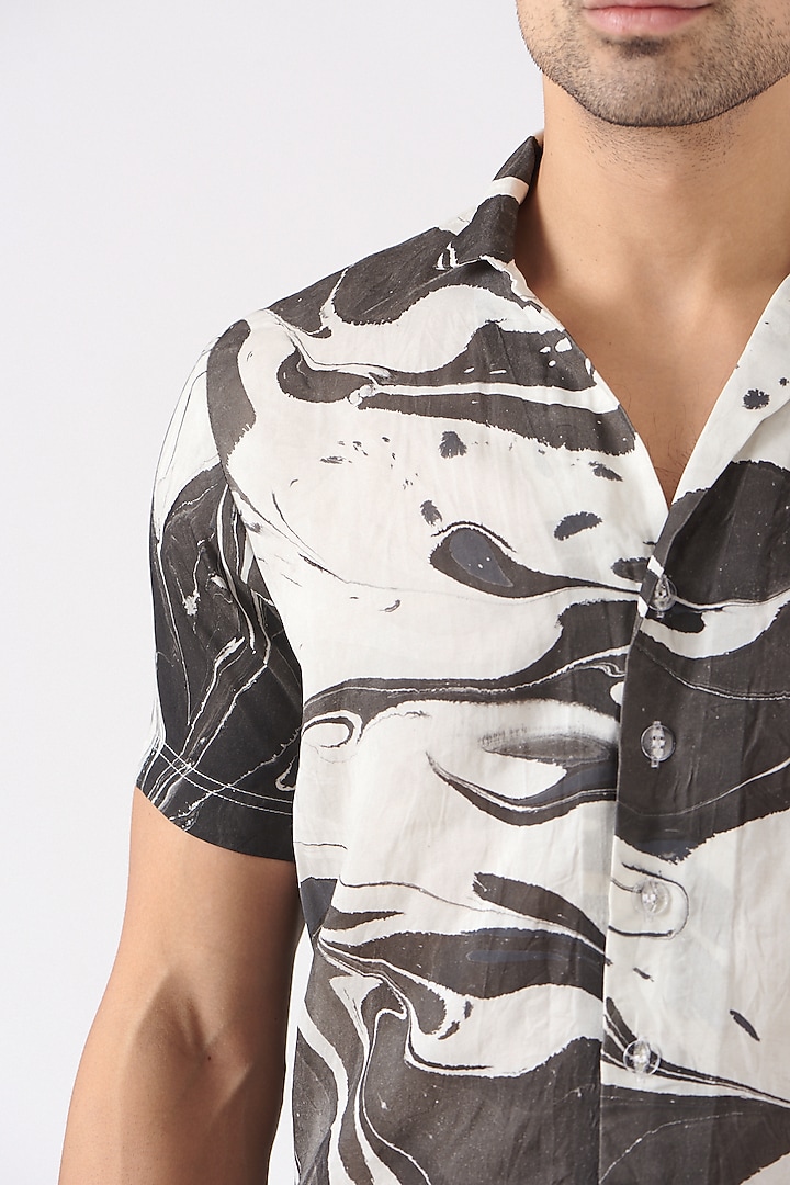 White & Black Polyester Silk Blend Party Wear Shirt by Erised Pret at Pernia's Pop Up Shop