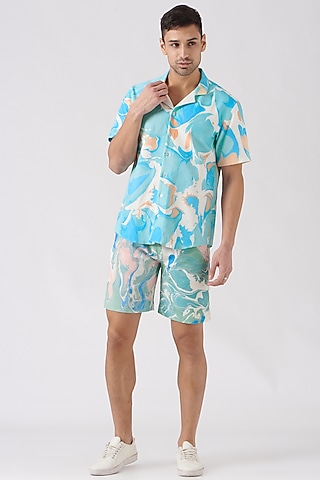 White & Aqua Blue Polyester Silk Blend Co-Ord Set by Erised Pret