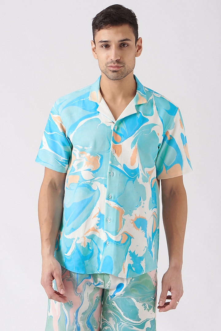 White & Aqua Blue Polyester Silk Blend Co-Ord Set by Erised Pret at Pernia's Pop Up Shop