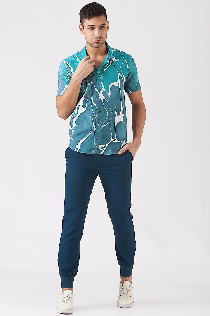Paisley Blue Polyester Silk Blend Shirt by Erised Pret