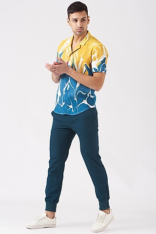 Cobalt Blue & Yellow Polyester Silk Blend Shirt by Erised Pret