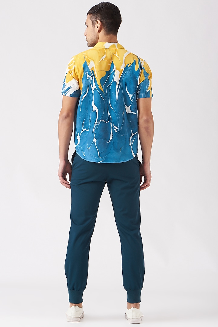 Cobalt Blue & Yellow Polyester Silk Blend Party Wear Shirt by Erised Pret at Pernia's Pop Up Shop