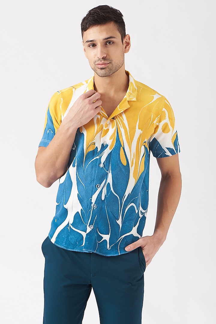 Cobalt Blue & Yellow Polyester Silk Blend Party Wear Shirt by Erised Pret at Pernia's Pop Up Shop