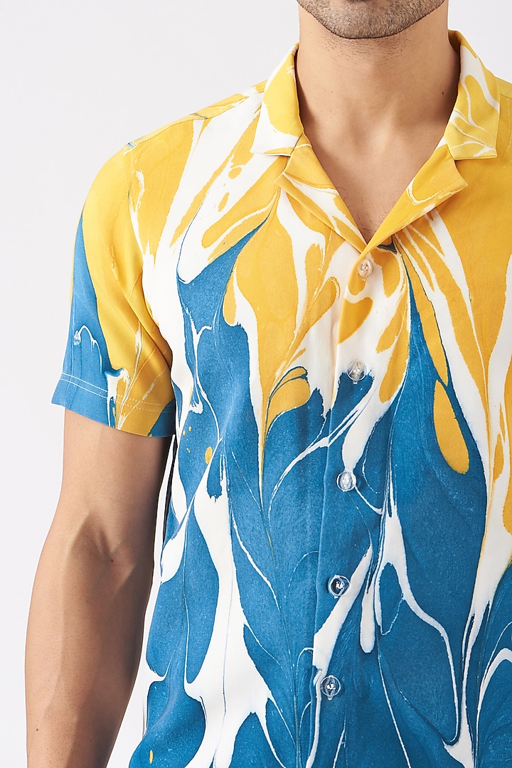 Cobalt Blue & Yellow Polyester Silk Blend Party Wear Shirt by Erised Pret at Pernia's Pop Up Shop