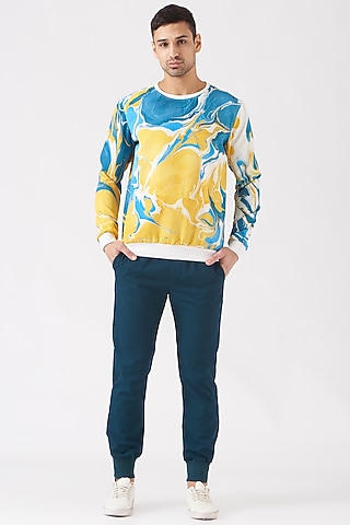 Cobalt Blue & Yellow Polyester Silk Blend Sweatshirt by Erised Pret
