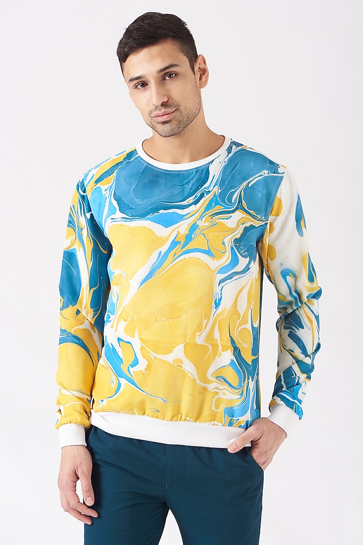 Cobalt Blue & Yellow Polyester Silk Blend Sweatshirt by Erised Pret at Pernia's Pop Up Shop