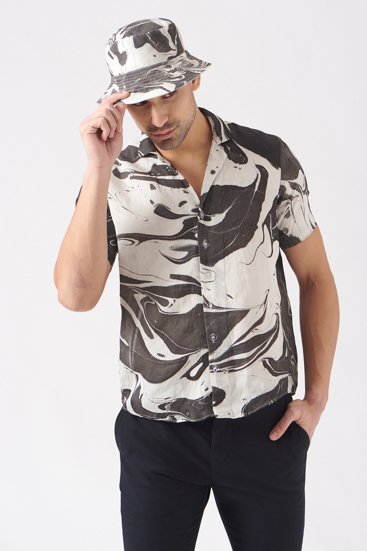 White \u0026 Carbon Black Silk Bucket Hat 