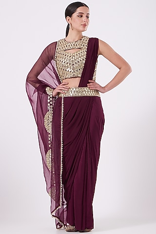 Maroon Embroidered Pre-Stitched Saree Set by House of Erum