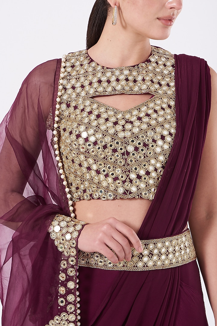 Maroon Embroidered Pre-Stitched Party Wear Saree Set by House of Erum at Pernia's Pop Up Shop