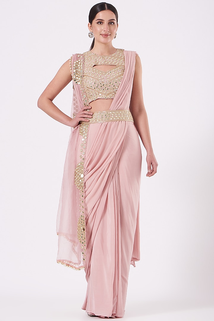 Blush Pink Embroidered Pre-Stitched Saree Set by House of Erum
