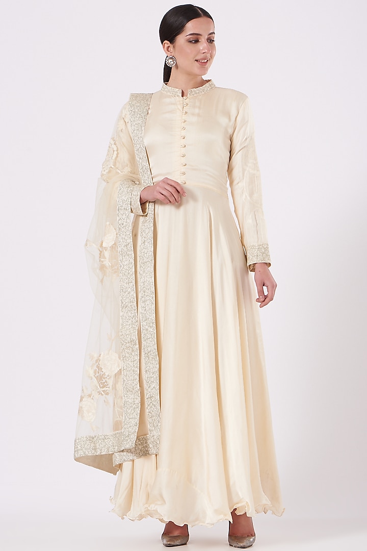 Off-White Embroidered Gown With Dupatta by House of Erum