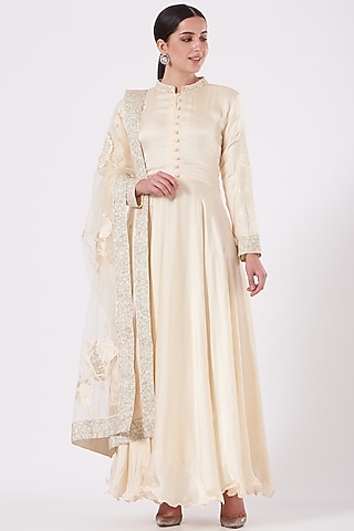 Off-White Embroidered Gown With Dupatta by House of Erum