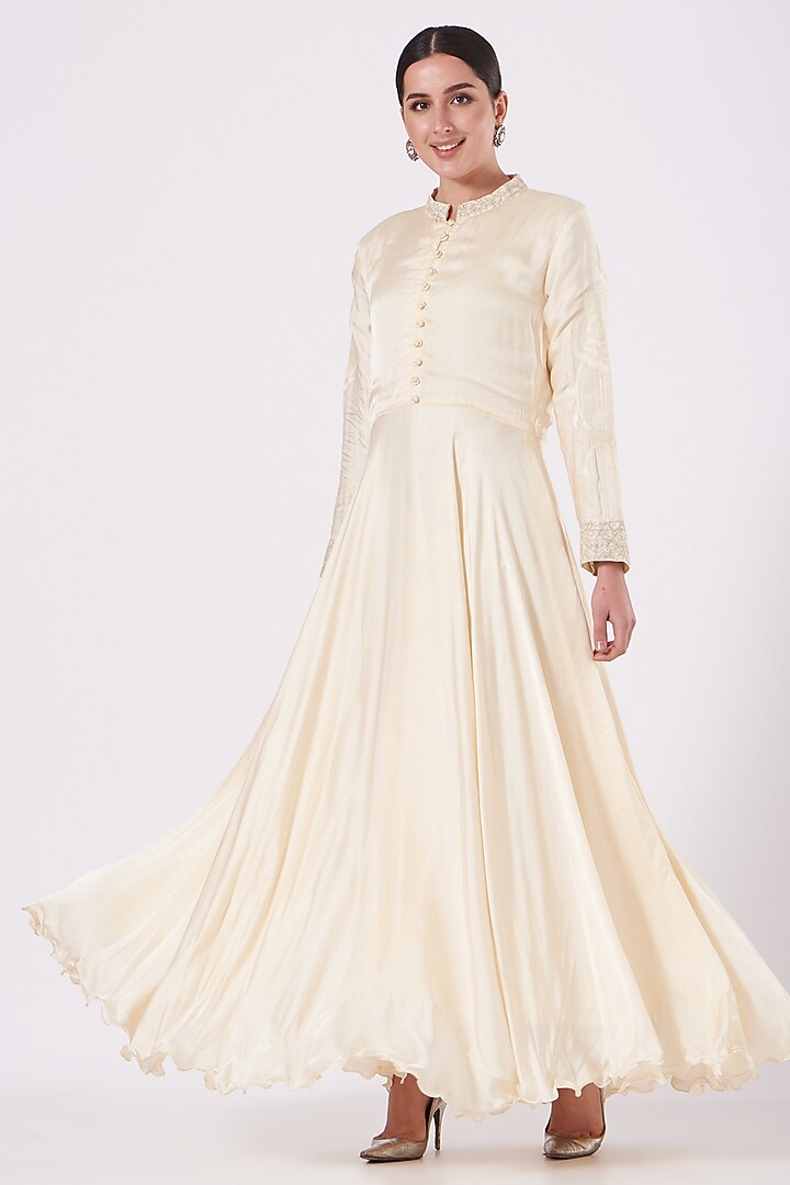 Off-White Embroidered Party Wear Gown With Dupatta by House of Erum at Pernia's Pop Up Shop