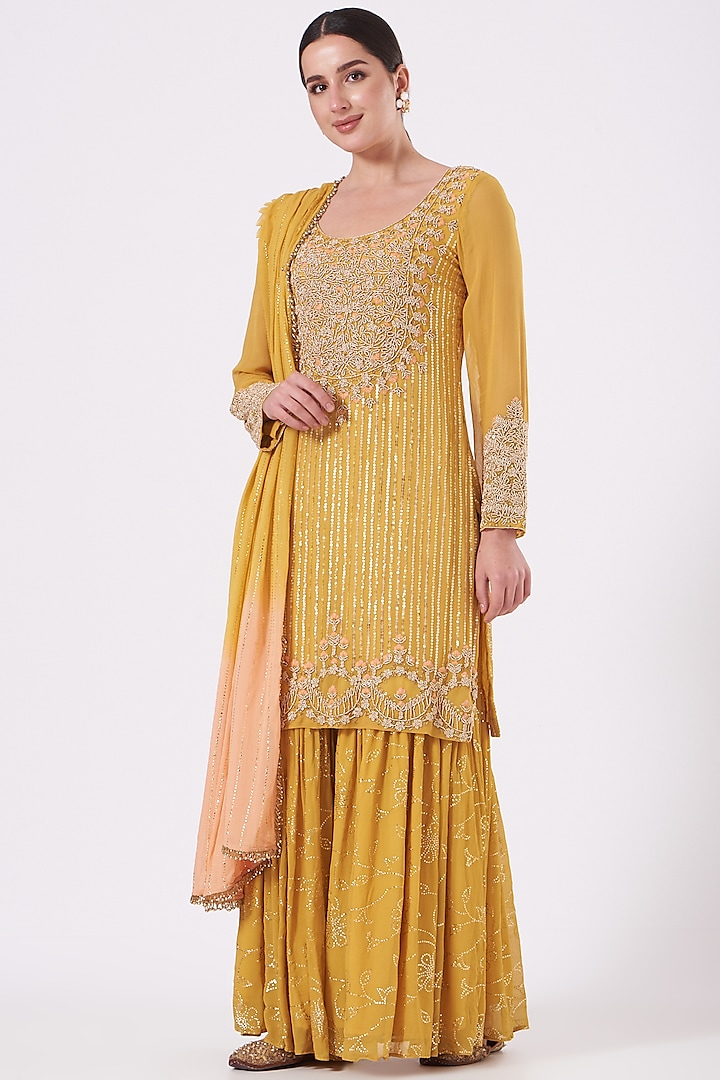 Mustard Embroidered Gharara Set by House of Erum
