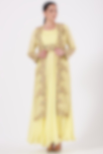 Pale Yellow Embroidered Gown With Jacket by House of Erum