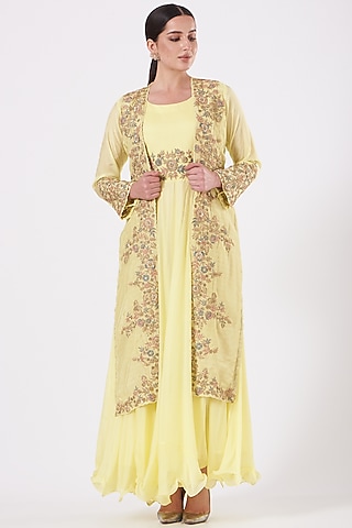 Pale Yellow Embroidered Gown With Jacket by House of Erum