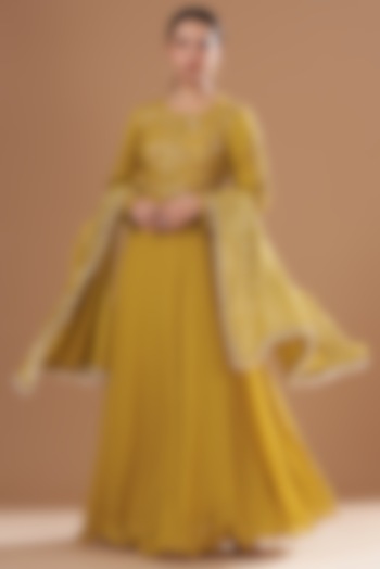 Yellow Georgette Embroidered Gown With Dupatta by House of Erum