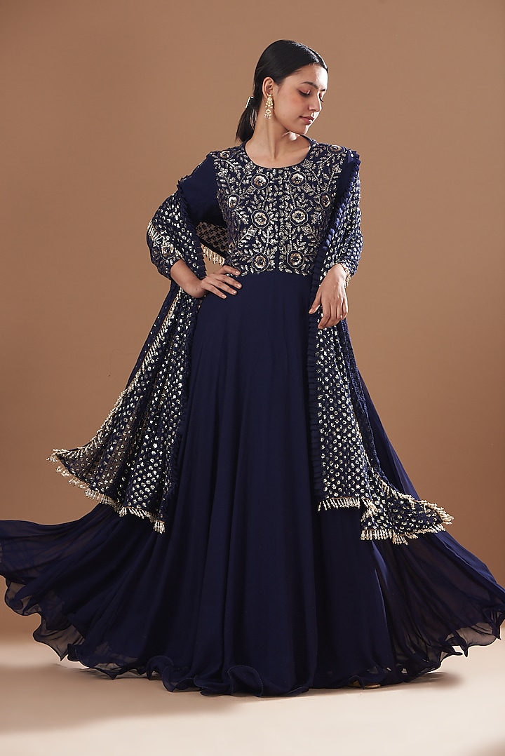 Cobalt Blue Georgette Embroidered Gown With Dupatta by House of Erum at Pernia's Pop Up Shop