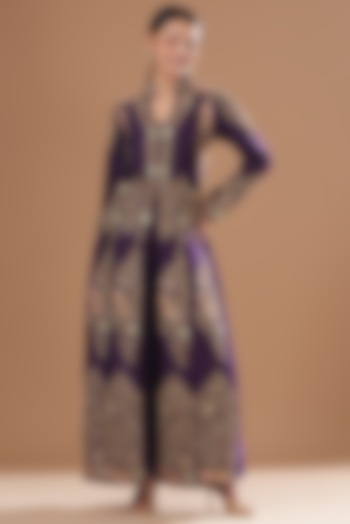 Purple Raw Silk Embroidered Jacket Set by House of Erum at Pernia's Pop Up Shop