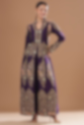 Purple Raw Silk Embroidered Jacket Set by House of Erum