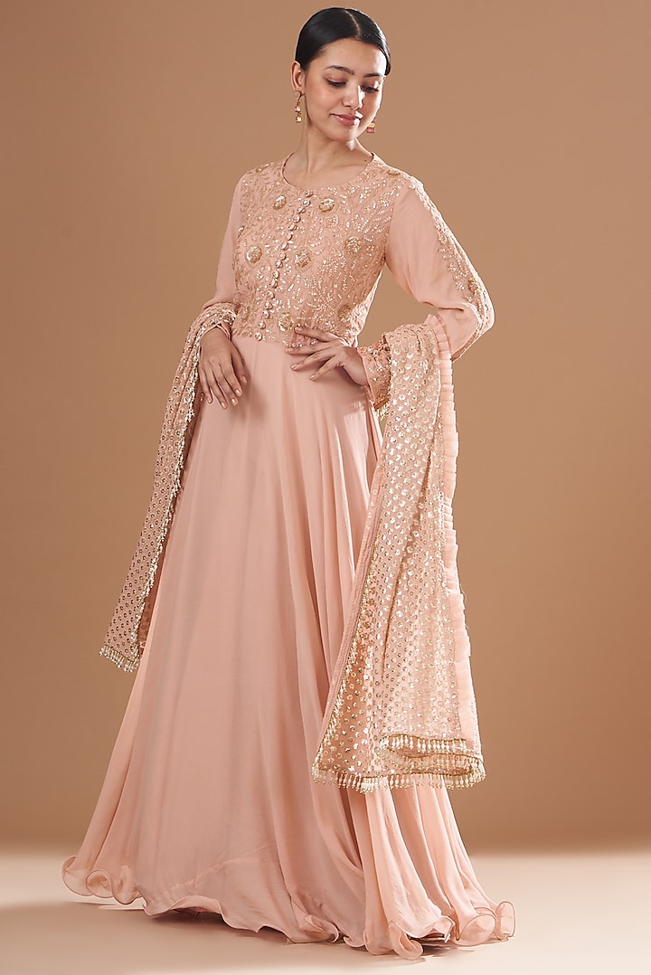 Blush Pink Embroidered Gown With Dupatta by House of Erum