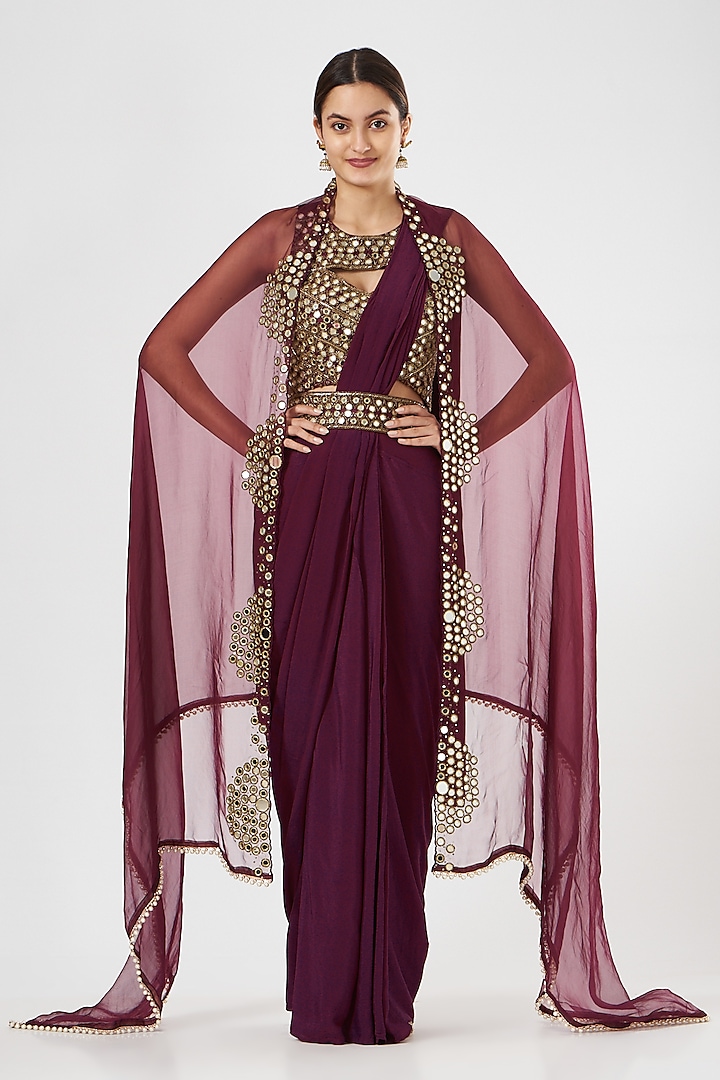 Wine Crepe & Organza Pre-Stitched Saree Set by House of Erum
