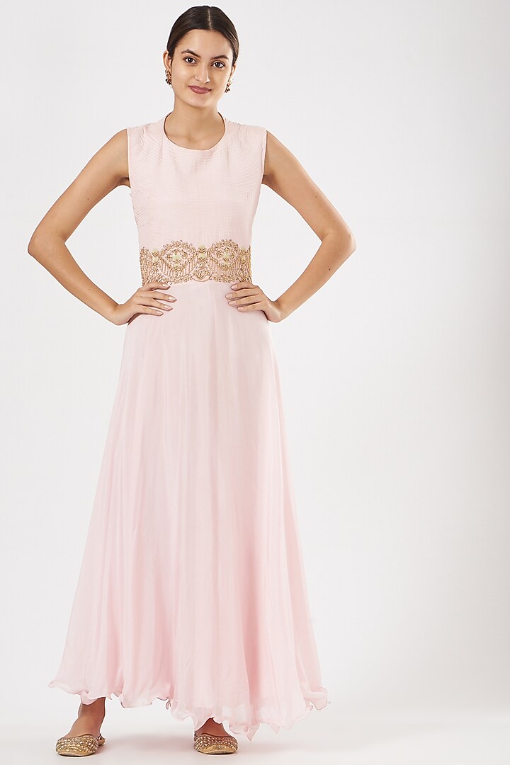 Blush Pink Embroidered Party Wear Gown With Jacket by House of Erum at Pernia's Pop Up Shop