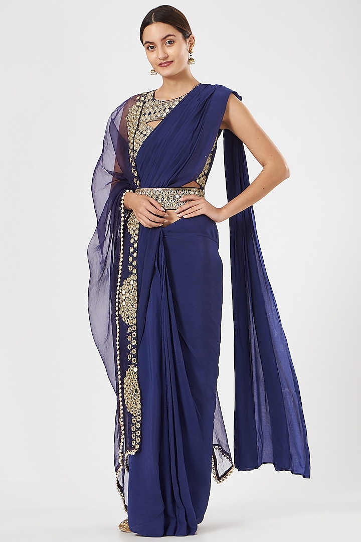 Navy Blue Crepe & Organza Pre-Stitched Saree Set by House of Erum