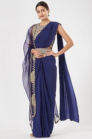 Navy Blue Crepe & Organza Pre-Stitched Saree Set by House of Erum
