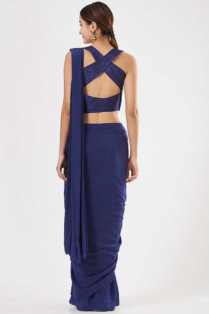 Navy Blue Crepe & Organza Pre-Stitched Party Wear Saree Set by House of Erum at Pernia's Pop Up Shop
