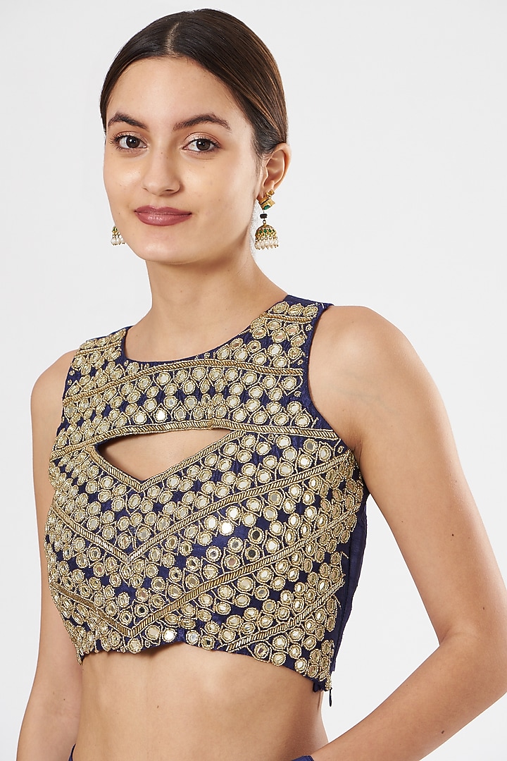 Navy Blue Crepe & Organza Pre-Stitched Party Wear Saree Set by House of Erum at Pernia's Pop Up Shop