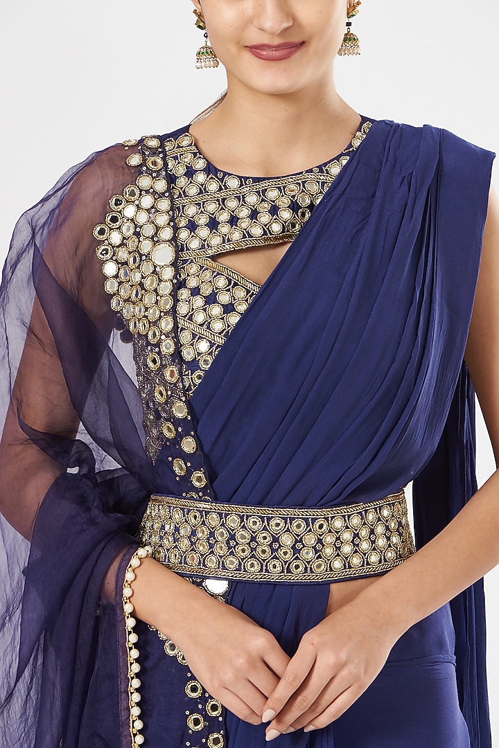 Navy Blue Crepe & Organza Pre-Stitched Party Wear Saree Set by House of Erum at Pernia's Pop Up Shop