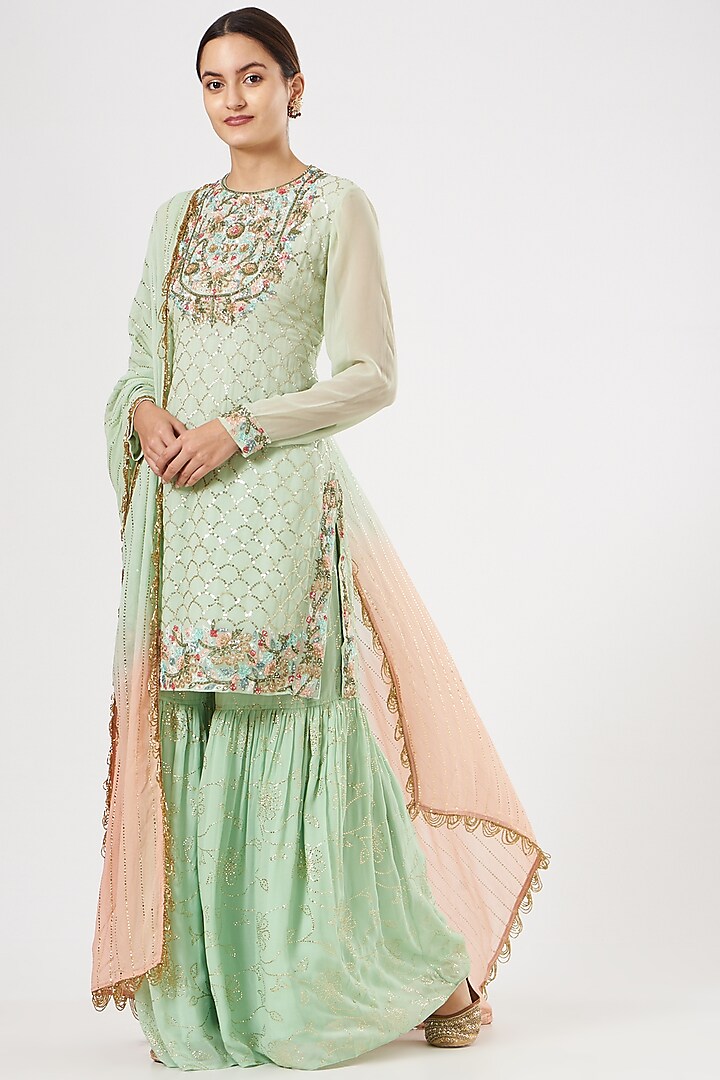 Mint Green Georgette & Crepe Sharara Set by House of Erum