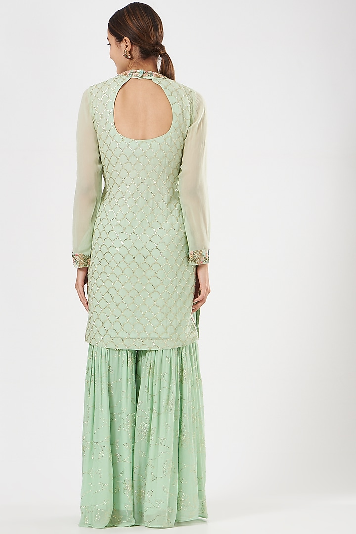 Mint Green Georgette & Crepe Party Wear Sharara Set by House of Erum at Pernia's Pop Up Shop