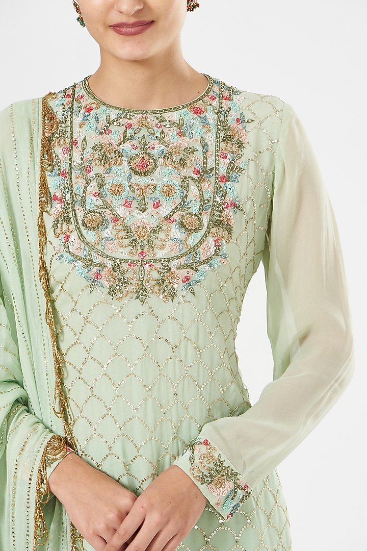 Mint Green Georgette & Crepe Party Wear Sharara Set by House of Erum at Pernia's Pop Up Shop