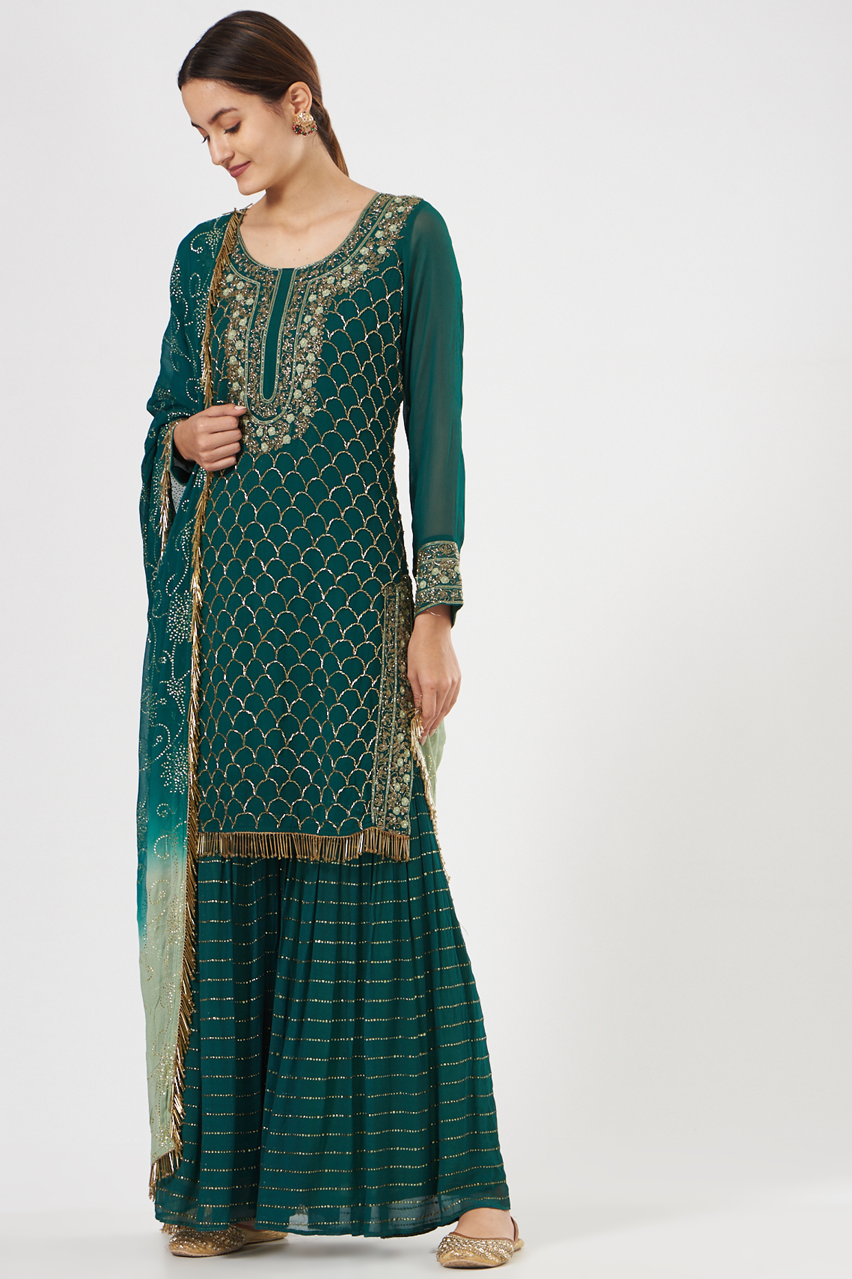 Emerald Green Georgette & Crepe Gharara Set by House of Erum