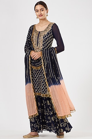Dark Navy Blue Georgette & Crepe Gharara Set by House of Erum
