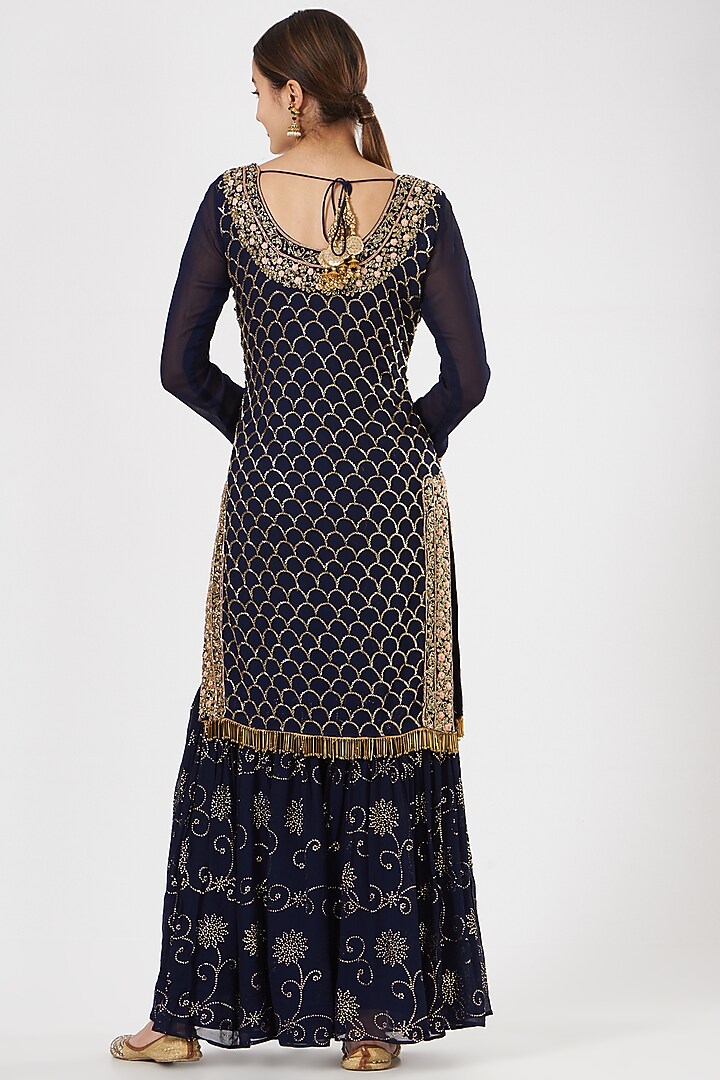Dark Navy Blue Georgette & Crepe Gharara Set by House of Erum at Pernia's Pop Up Shop