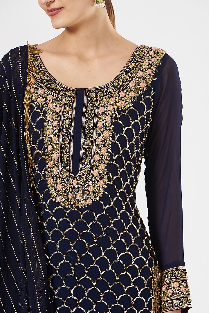 Dark Navy Blue Georgette & Crepe Gharara Set by House of Erum at Pernia's Pop Up Shop