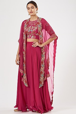 Cadmium Red Embroidered Cape Set by House of Erum