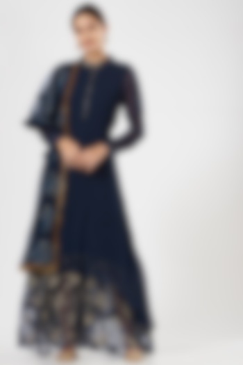 Dark Navy Blue Pre-Stitched Double-Layered Anarkali Set by House of Erum