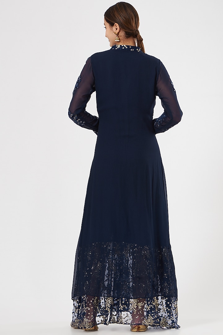 Dark Navy Blue Pre-Stitched Double-Layered Party Wear Anarkali Set by House of Erum at Pernia's Pop Up Shop
