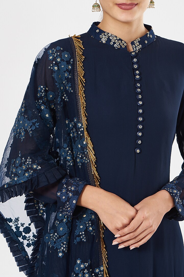 Dark Navy Blue Pre-Stitched Double-Layered Party Wear Anarkali Set by House of Erum at Pernia's Pop Up Shop