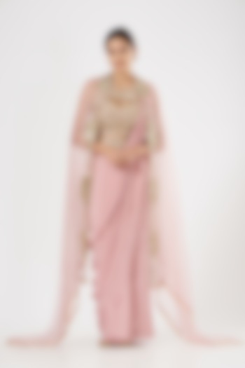 Blush Pink Crepe & Organza Pre-Stitched Saree Set by House of Erum